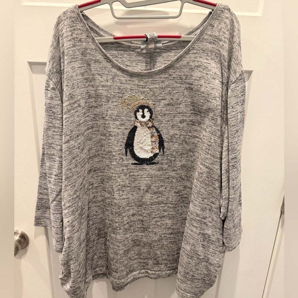 Catherines 5X Penguin Sequin Beaded Gray Long Sleeve Top Plus Size